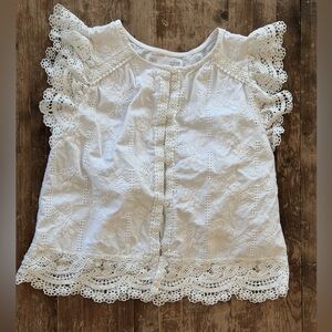 Zara Kids blouse top SZ 8 embroidered eyelet girls white shirt sleeve scallop